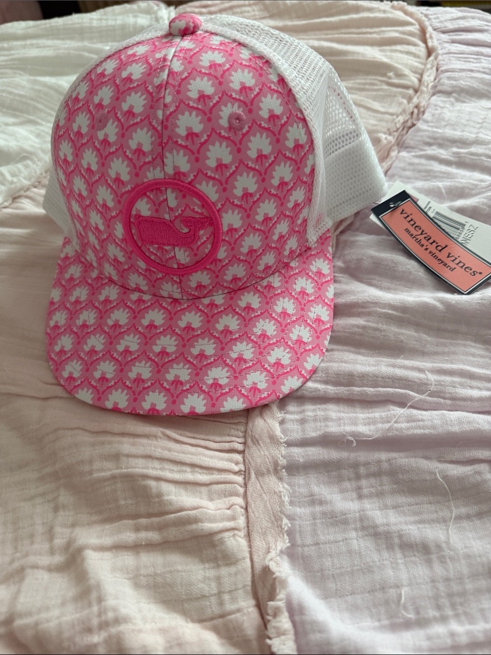 Vineyard Vines Pink and White Patterned Mesh Cap